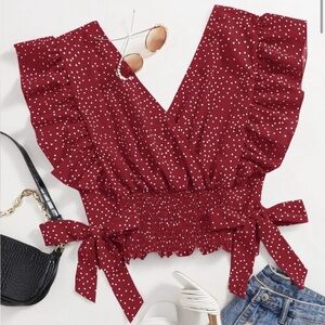 SHEIN Plus Ruffle Trim Knot Side Polka Dot Blouse